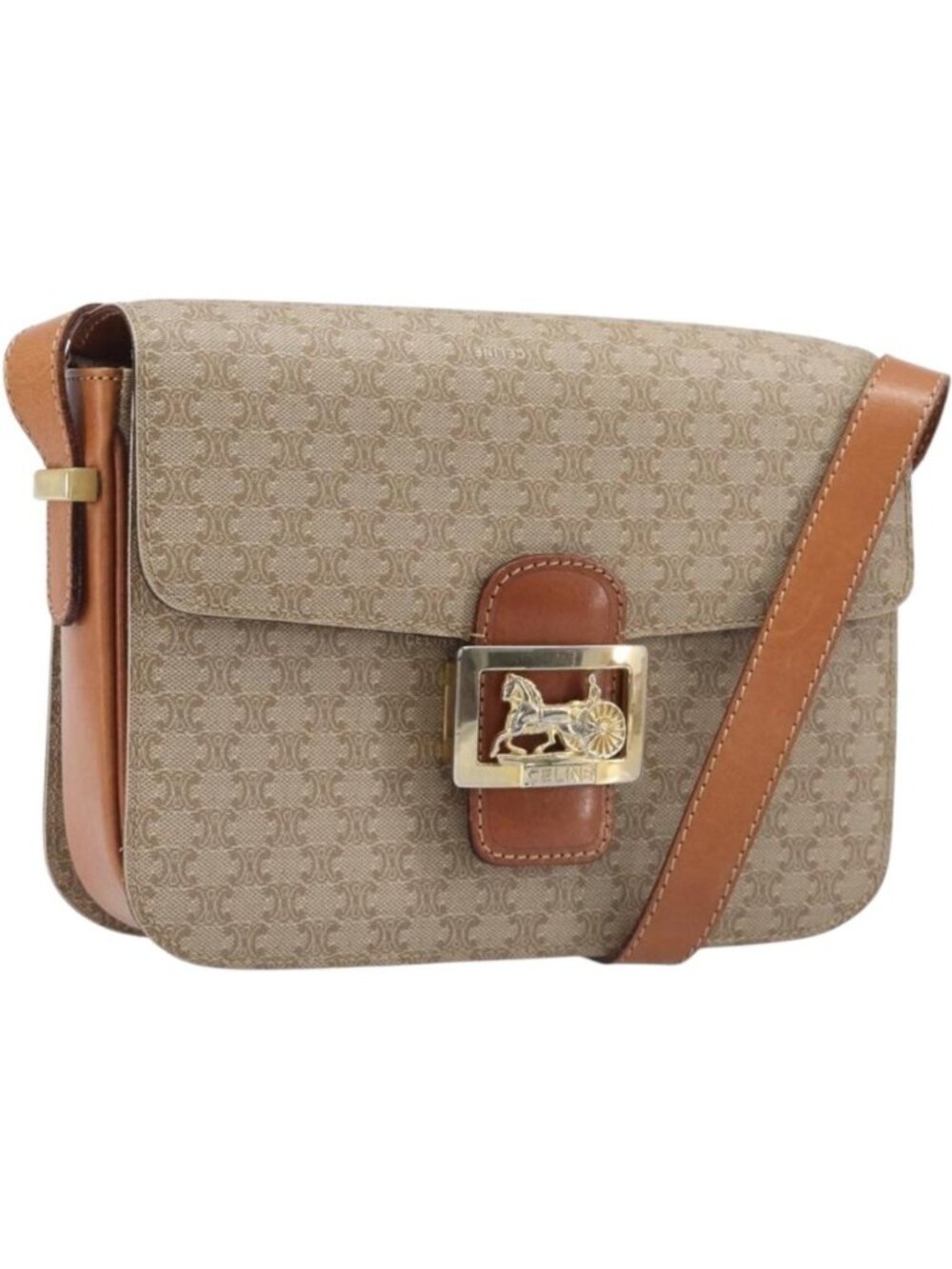 CELINE Macadam Canvas Horse Carriage Shoulder Bag PVC Beige Gold